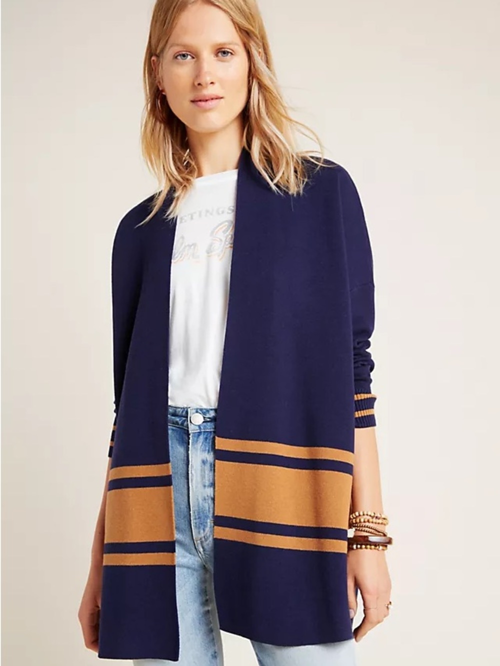 Crown & Ivy Navy Cardigan with Camel Stripe Accents 1X